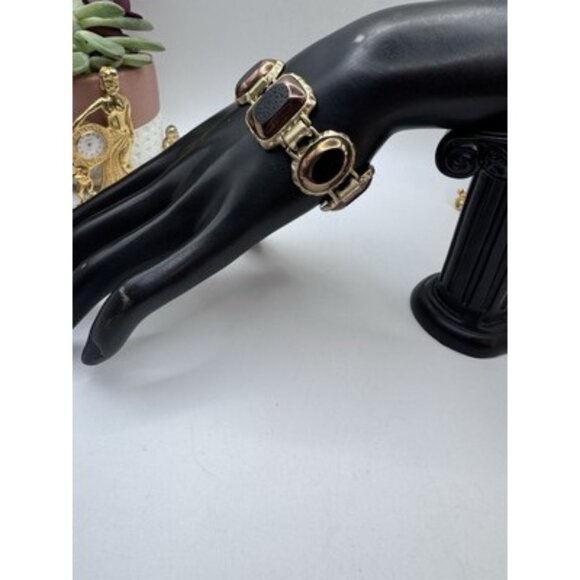 LIZ CLAIBORNE Signed LS Purple Glass Cabochons Two Gold Tone Wide Bracelet VTG - Picture 4 of 13